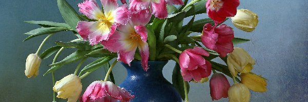 Tulipany, Wazon, Niebieski, Kwiaty
