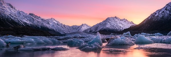 Góry, Jezioro Tasmana, Park Narodowy Góry Cooka, Wschód słońca, Tasman Lake, Góra Cooka, Lód, Nowa Zelandia