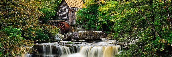 Młyn, Wirginia Zachodnia, Kamienie, Rzeka New River Gorge, Park Babcock State, Glade Creek Grist Mill, Drzewa, Stany Zjednoczone