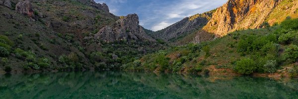 Jezioro, Odbicie, Krzewy, Góry