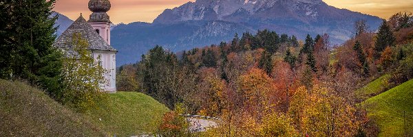 Berchtesgaden, Kościół, Niemcy, Alpy Salzburskie, Drzewa, Droga, Góry, Jesień, Sanktuarium Maria Gern, Bawaria