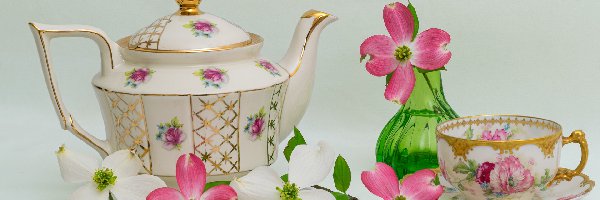Dereń, Filiżanka, Kwiaty, Kompozycja, Dzbanek, Porcelanowy