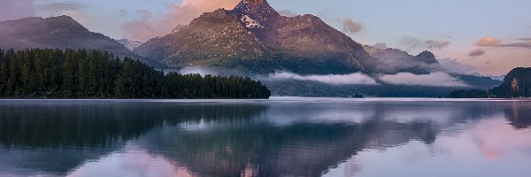 Jezioro Silsersee, Góra, Szwajcaria, Odbicie, Piz da la Margna, Drzewa, Mgła, Góry