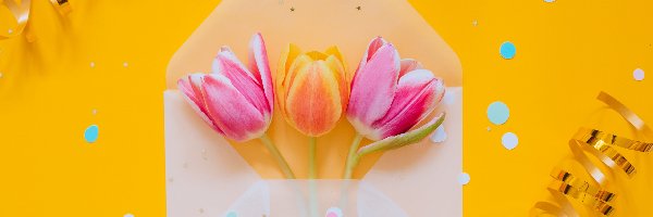 Tulipany, Koperta, Kwiaty, Tło, Żółte