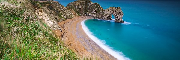 Łuk wapienny, Skała, Morze, Hrabstwo Dorset, Anglia, Trawy, Chmury, Wybrzeże Jurajskie, Durdle Door