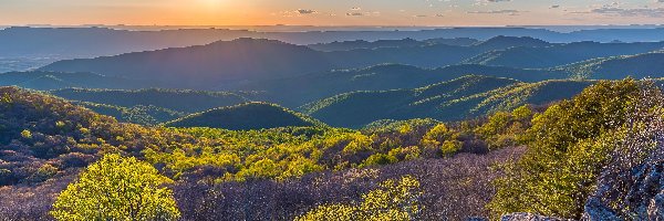 Appalachy, Wzgórza, Stany Zjednoczone, Stan Wirginia, Góry, Zachód słońca, Drzewa, Park Narodowy Shenandoah