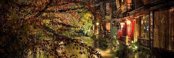 Lampy, Rzeka, Japonia, Kioto, Domy, Oświetlenie, Noc, Drzewo