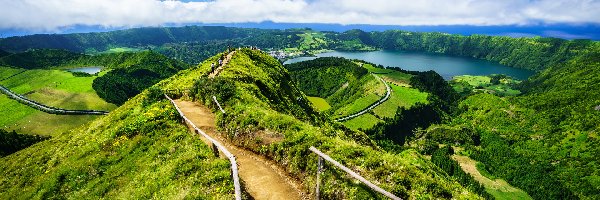 Góry, Szlak, Zielone, Kaldera, Portugalia, Droga, Miradouro da Boca do Inferno, Jezioro, Wzgórze, Jeziora, Lagoa Rasa, Azory, Wyspa Sao Miguel