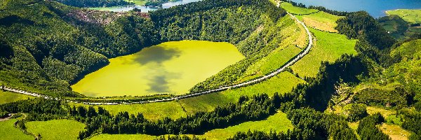 Gmina Ponta Delgada, Drzewa, Góry, Lagoa de Santiago, Jeziora, Portugalia, Azory, Wzgórza, Wyspa Sao Miguel