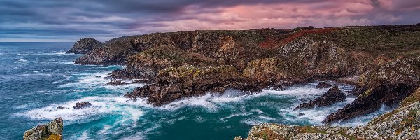 Chmury, Wybrzeże, Francja, Bretania, Skały, Przylądek, Pointe du Raz, Morze