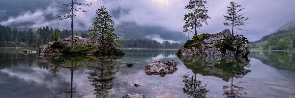 Góry, Jezioro Hintersee, Alpy, Wysepki, Niemcy, Drzewa, Kamienie, Bawaria, Skały, Mgła, Berchtesgaden