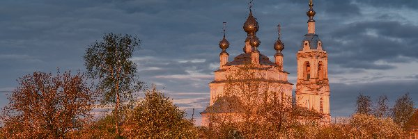 Rosja, Rośliny, Chmury, Drzewa, Cerkiew, Obwód jarosławski, Savinskoye