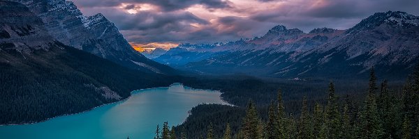 Wschód słońca, Park Narodowy Banff, Ciemne, Skały, Kanada, Góry, Drzewa, Prowincja Alberta, Las, Jezioro Peyto Lake, Chmury