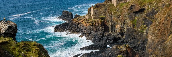 Botallack Mine, Kopalnie, Skały, Wybrzeże, Morze, Anglia, Kornwalia, Budowle, Botallack