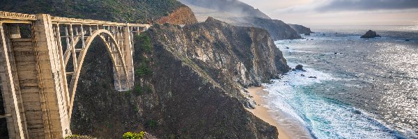 Stany Zjednoczone, Most Bixby Creek Bridge, Wybrzeże, Morze, Góry, Kalifornia, Region Big Sur