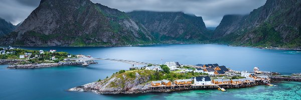 Most, Góry, Norwegia, Lofoty, Domy, Chmury, Wioska Hamnoy, Morze
