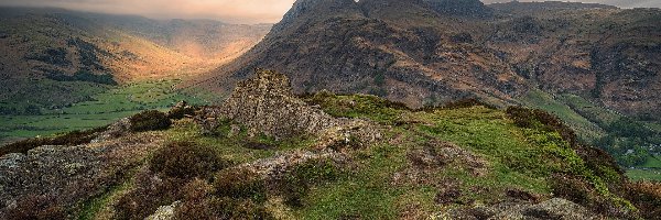 Zachód słońca, Park Narodowy Lake District, Dolina Great Langdale, Hrabstwo Kumbria, Anglia, Central Fells, Góry