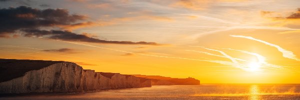 La Manche, Kanał, Seven Sisters, Klif, Morze, Anglia, Hrabstwo East Sussex, Siedem sióstr, Zachód słońca