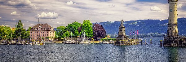 New Lighthouse, Latarnia morska, Żaglówki, Dom, Jezioro Bodeńskie, Niemcy, Bawaria, Drzewa, Lindau