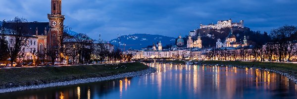 Wzgórze Festungsberg, Kościół, Austria, Salzburg, Domy, Twierdza, Zamek Hohensalzburg, Rzeka Salzach