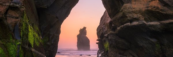 Nowa Zelandia, Skały, Skała Elephant Rock, Morze, Wschód słońca, Dystrykt Taranaki, Okno skalne