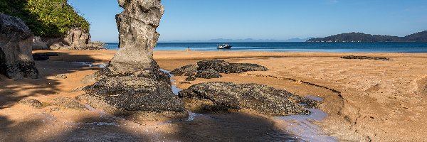 Morze, Totaranui Camping Area, Nowa Zelandia, Tasmania, Wybrzeże, Skały, Park Narodowy Abel Tasman, Plaża