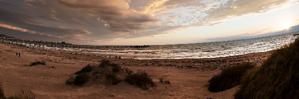 Piasek, Morze, Chmury, Rośliny, Plaża, Zachód słońca