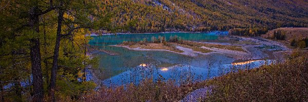 Drzewa, Okręg Burqin, Jezioro, Hrabstwo Xinjiang, Chiny, Góry, Kanas Lake