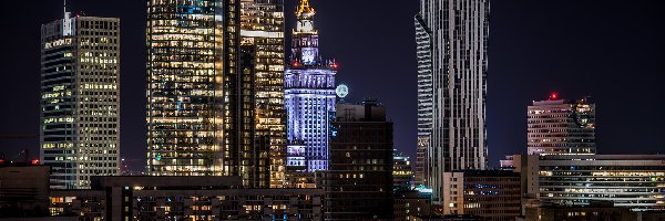 Warszawa, Domy, Pałac Kultury, Polska, Oświetlone, Miasto nocą