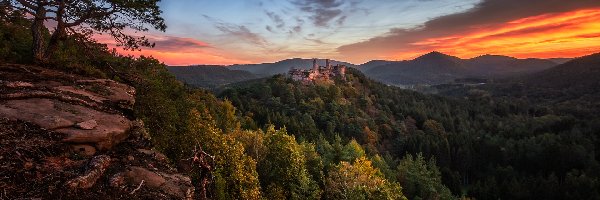 Wzgórze, Góry, Zachód słońca, Zamek Trifels, Las Palatynacki, Niemcy