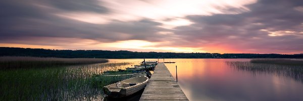 Łódki, Oresjo, Szwecja, Vastra Gotaland, Pomost, Szuwary, Zachód słońca, Jezioro