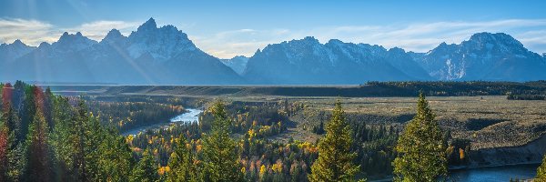 Rzeka, Park Narodowy Grand Teton, Snake River, Teton Range, Stany Zjednoczone, Las, Chmury, Stan Wyoming, Drzewa, Góry, Promienie słońca