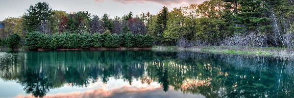 Chmury, Thorne Pond, Stany Zjednoczone, Stan New Hampshire, Drzewa, Odbicie, Bartlett, Staw