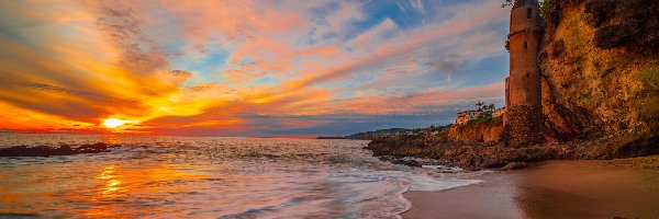 Skały, Klif, Wieża, Victoria Beach, Morze, Stany Zjednoczone, Kalifornia, La Tour, Zachód słońca