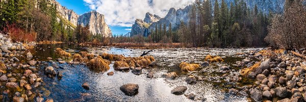 Kamienie, Kalifornia, Chmury, Merced River, Góry, Sierra Nevada, Rzeka, Stany Zjednoczone, Park Narodowy Yosemite, Drzewa