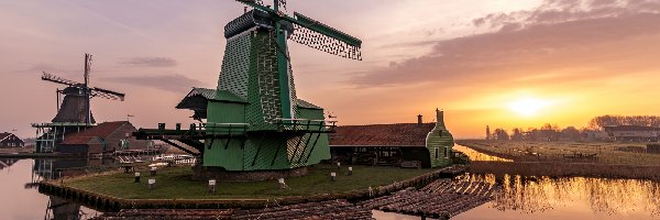 Holandia, Świt, Skansen, Wschód słońca, Wiatraki, Zaandam, Zaanse Schans