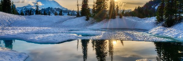 Góry, Park Narodowy Mount Rainier, Drzewa, Jezioro Tipsoo, Zima, Stany Zjednoczone, Stan Waszyngton, Zachód słońca, Stratowulkan Mount Rainier