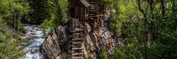 Wzgórza, Kolorado, Roślinność, Wodospad, Rzeka Crystal River, Kryształowy Młyn, Crystal Mill, Stany Zjednoczone, Hrabstwo Gunnison, Drzewa