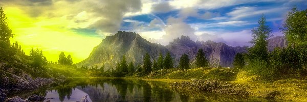 Lago Limides, Dolomity, Włochy, Zachód słońca, Jezioro, Chmury, Drzewa, Góry