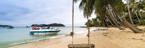 Plaża, Motorówka, Palmy, Morze, Huśtawka, Wietnam, Phu Quoc