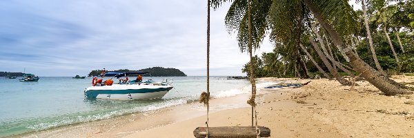 Wietnam, Palmy, Huśtawka, Plaża, Morze, Phu Quoc, Motorówka