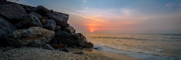 Wschód słońca, Kamienie, Plaża, Tajlandia, Skały, Morze