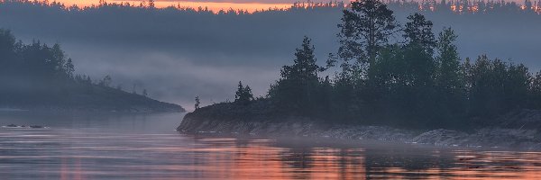 Drzewa, Ładoga, Rosja, Karelia, Wyspa, Mgła, Wschód słońca, Jezioro