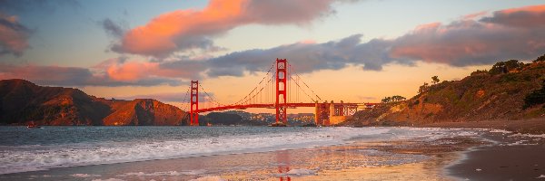San Francisco, Most, Kalifornia, Golden Gate Bridge, Stany Zjednoczone, Skały, Chmury, Cieśnina Golden Gate