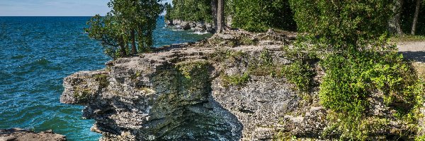 Jezioro Michigan, Jezioro, Stany Zjednoczone, Stan Wisconsin, Skały, Park, Cave Point County Park, Drzewa