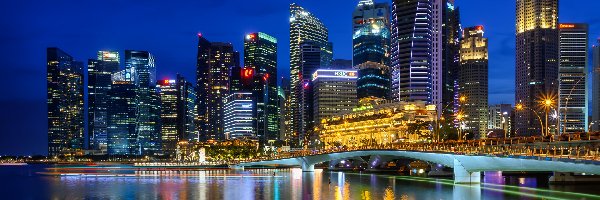 Central Business District, Oświetlone, Singapur, Most, Domy, Promenada Esplanade, Noc, Wieżowce
