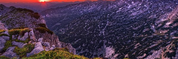 Austria, Trawa, Góry, Skały, Zachód słońca, Alpy, Totes Gebirge