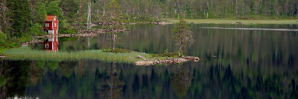 Jezioro, Czerwony, Las, Brzeg, Domek