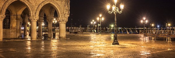 Wenecja, Latarnie, Noc, Włochy, Pałac Dożów, Piazzetta San Marco