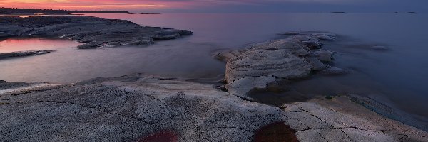 Wschód słońca, Jezioro, Ładoga, Karelia, Rosja, Chmury, Skały